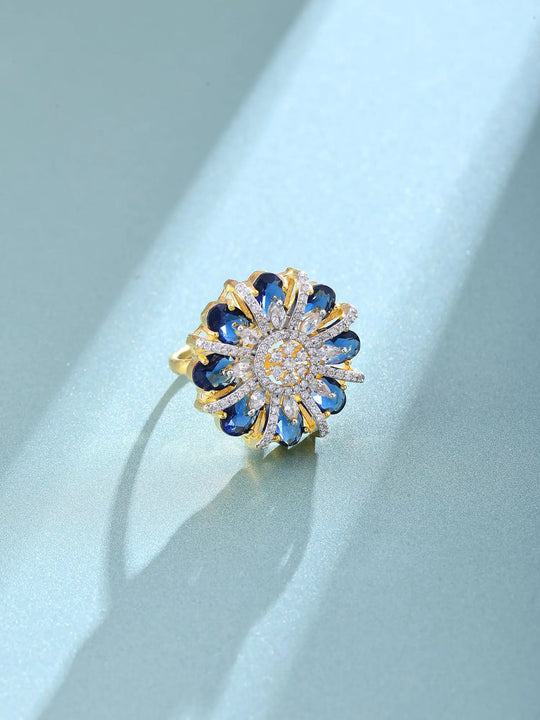 Blue and Green Floral Stone Studded Sterling Silver Ring