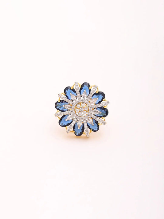 Blue and Green Floral Stone Studded Sterling Silver Ring