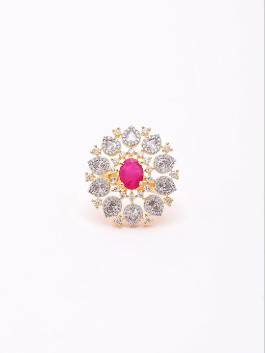 Floral Halo Stone Studded Sterling Silver Adjustable Ring