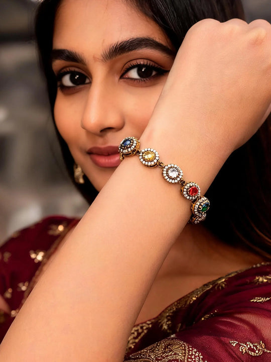 Oval Cut Navratna Stone Studded Sterling Silver Bracelet