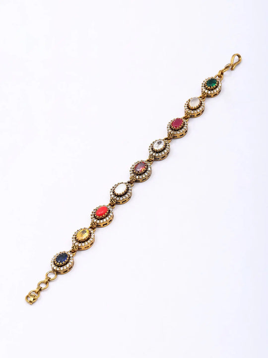 Oval Cut Navratna Stone Studded Sterling Silver Bracelet