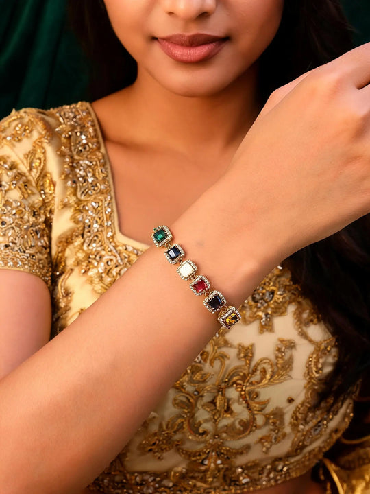 Navratna Style Rectangle Stone Sterling Silver Bracelet