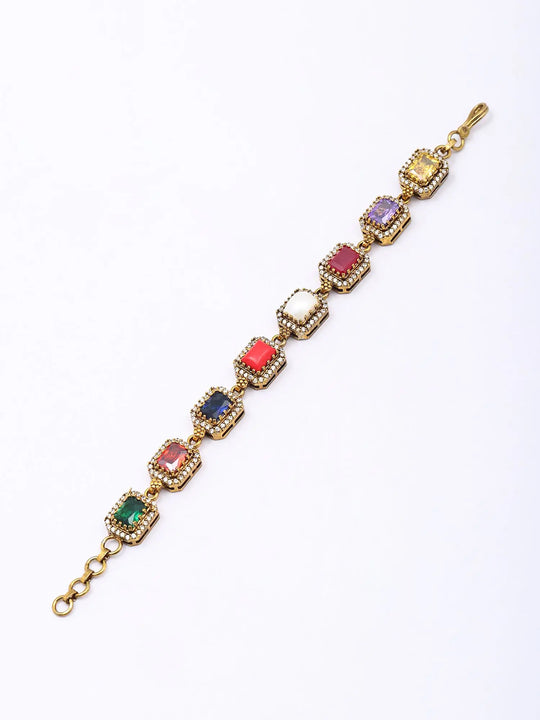 Navratna Style Rectangle Stone Sterling Silver Bracelet