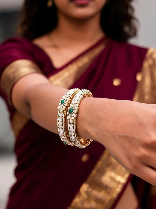 Kundan Stone Studded Sterling Silver Openable Bangles Pair