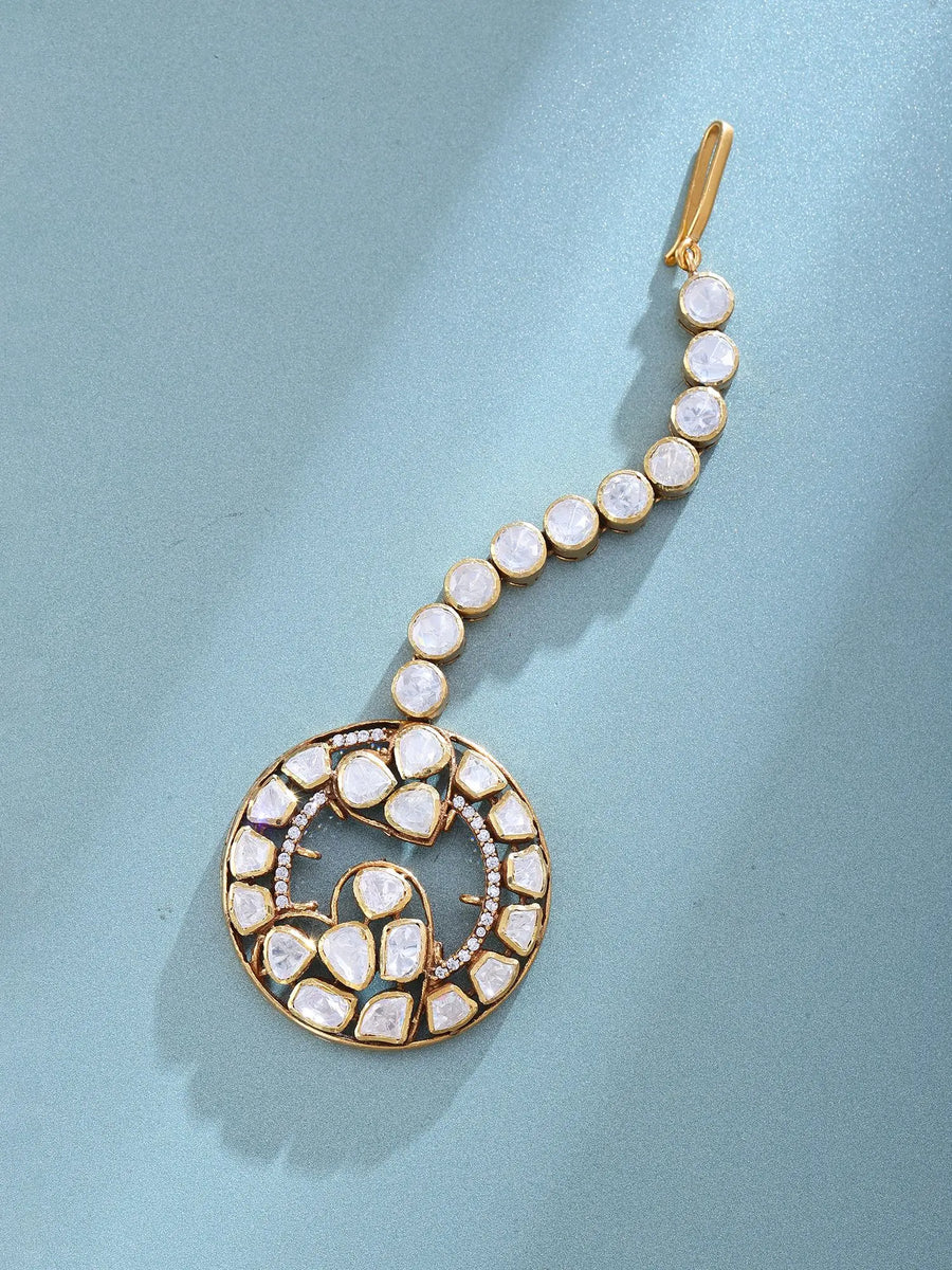 Moissanite Kundan Heart Motif Sterling Silver Maang Tikka