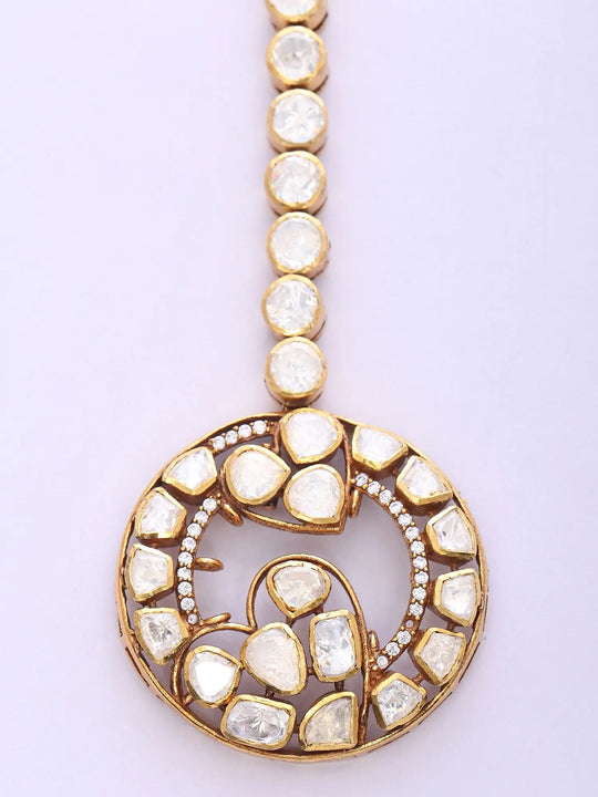 Moissanite Kundan Heart Motif Sterling Silver Maang Tikka