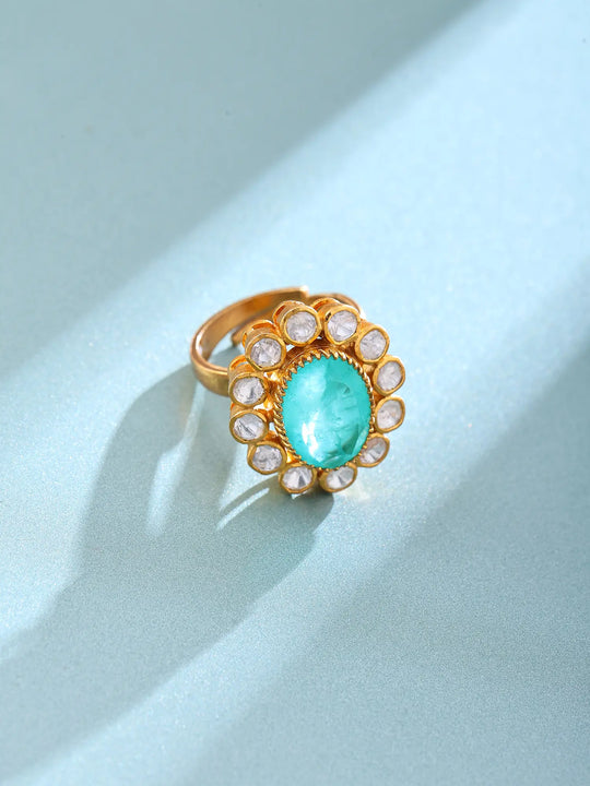 Aqua Green Kundan Style Sterling Silver Ring