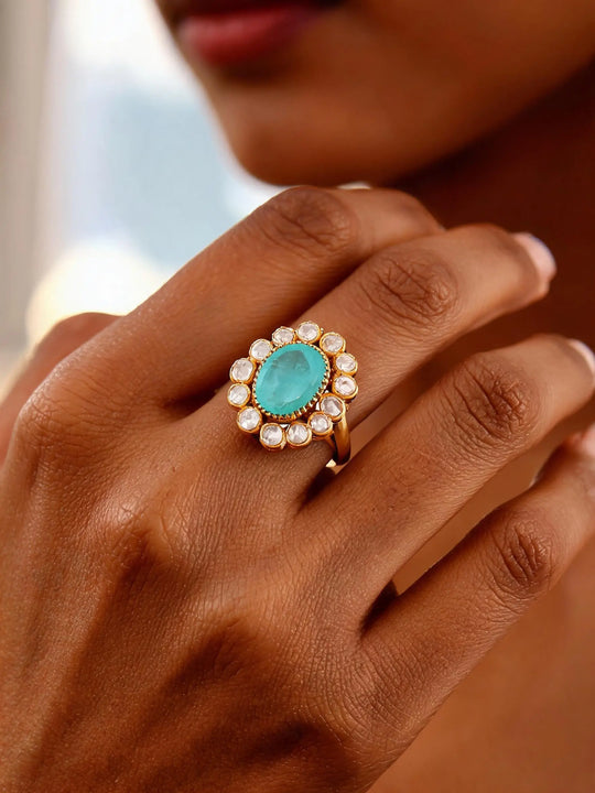 Aqua Green Kundan Style Sterling Silver Ring