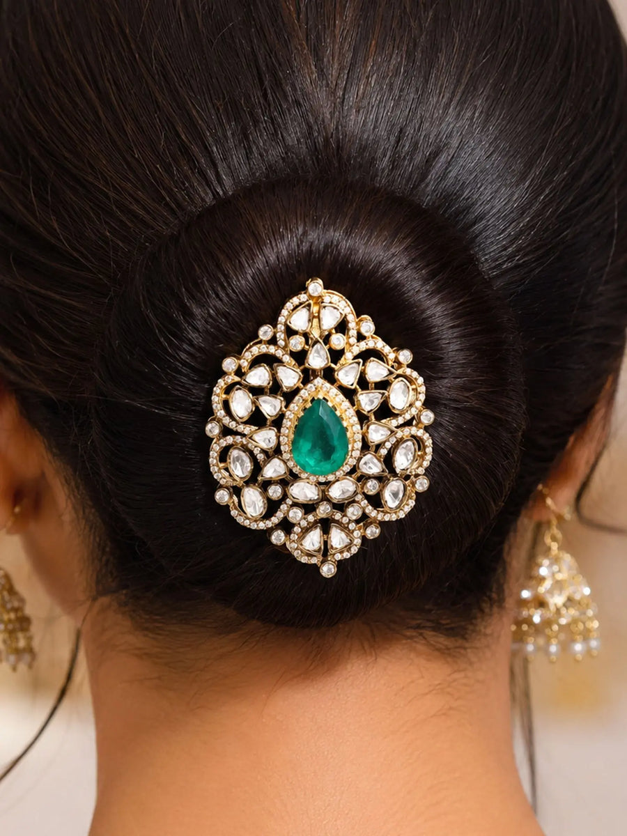 Emerald Green Stone Sterling Silver Juda Brooch Maang Tikka