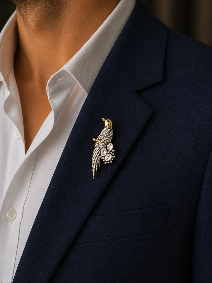 Moissanite Bird Motif Sterling Silver Brooch