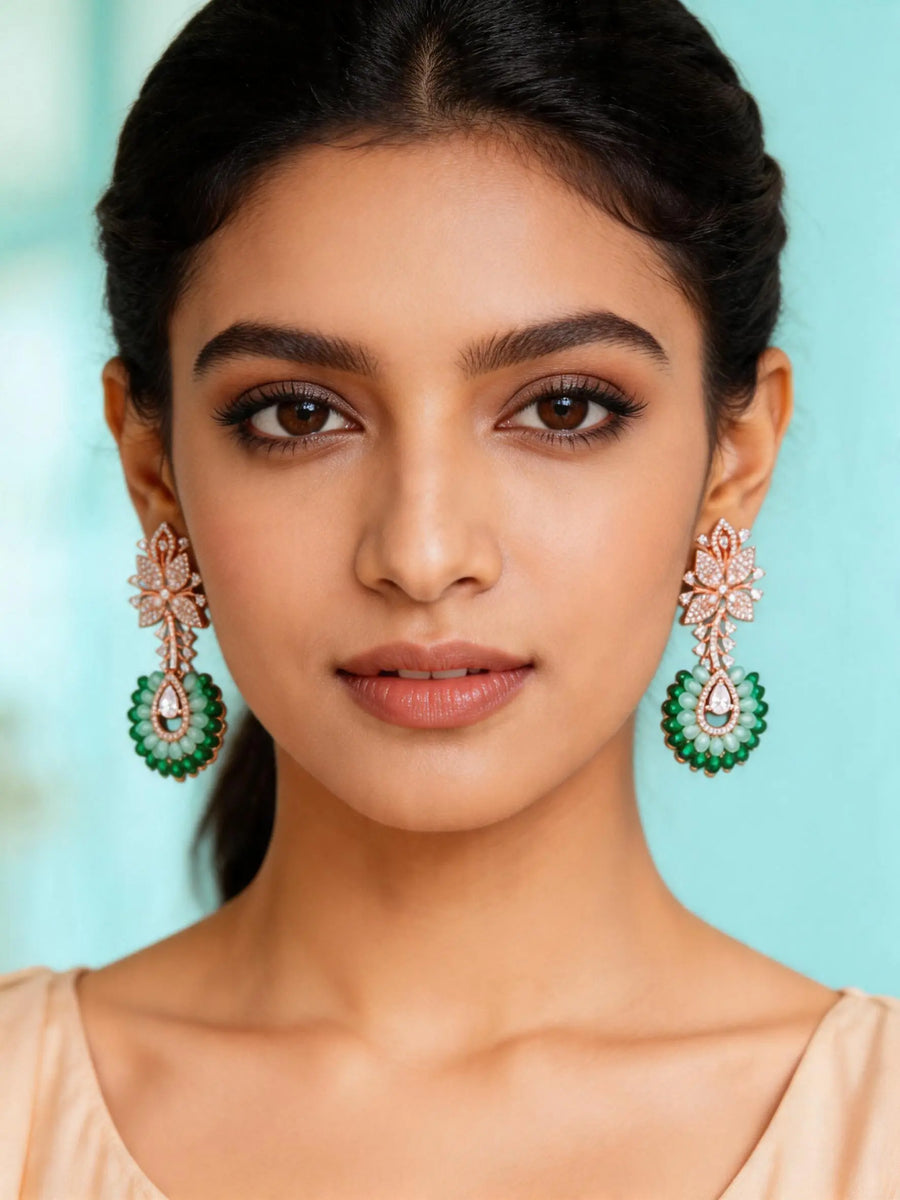 Floral Green and Purple American Diamond Drop Earrings