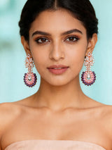 Floral Green and Purple American Diamond Drop Earrings