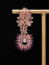Floral Green and Purple American Diamond Drop Earrings