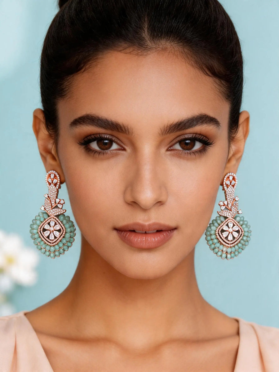Floral Blue and Purple Cubic Zirconia Brass Statement Earrings