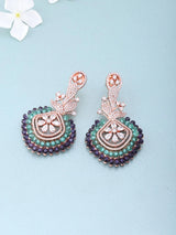 Floral Blue and Purple Cubic Zirconia Brass Statement Earrings