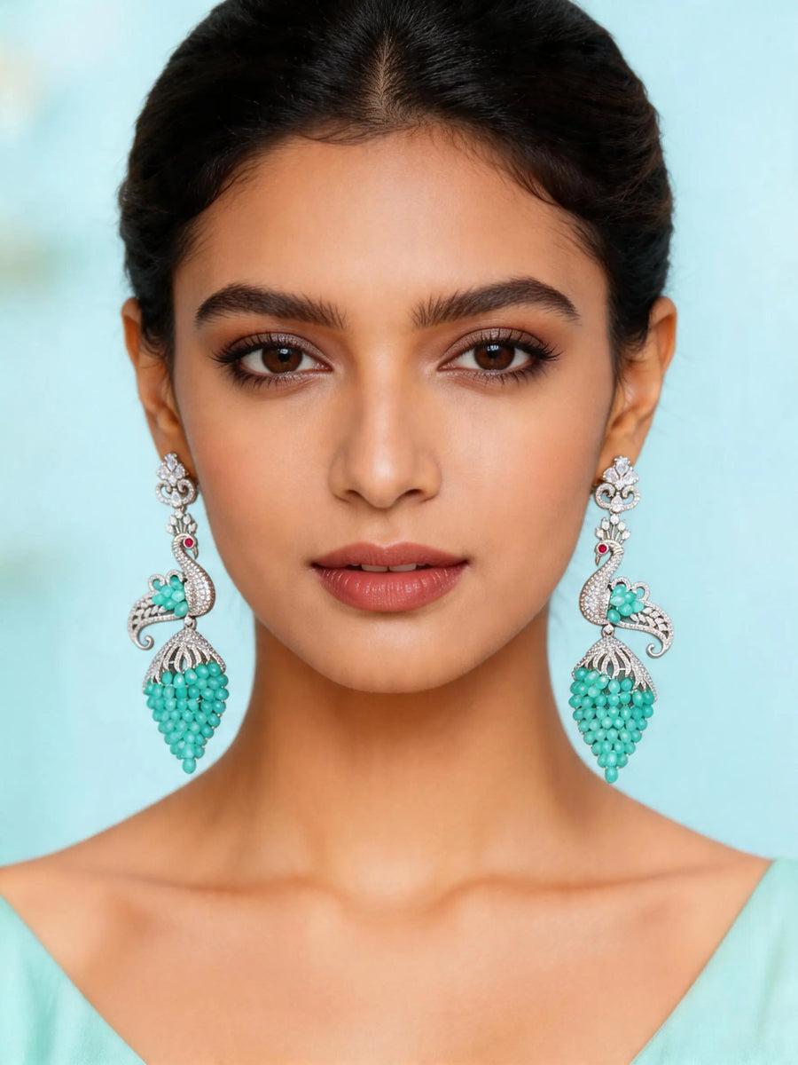 Peacock Motif Cubic Zirconia Studded Brass Earrings