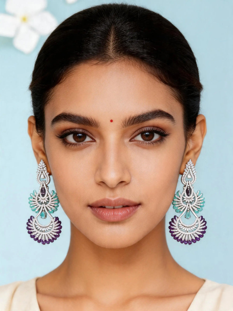 Blue and Pink American Diamond Chandelier Drop Earrings