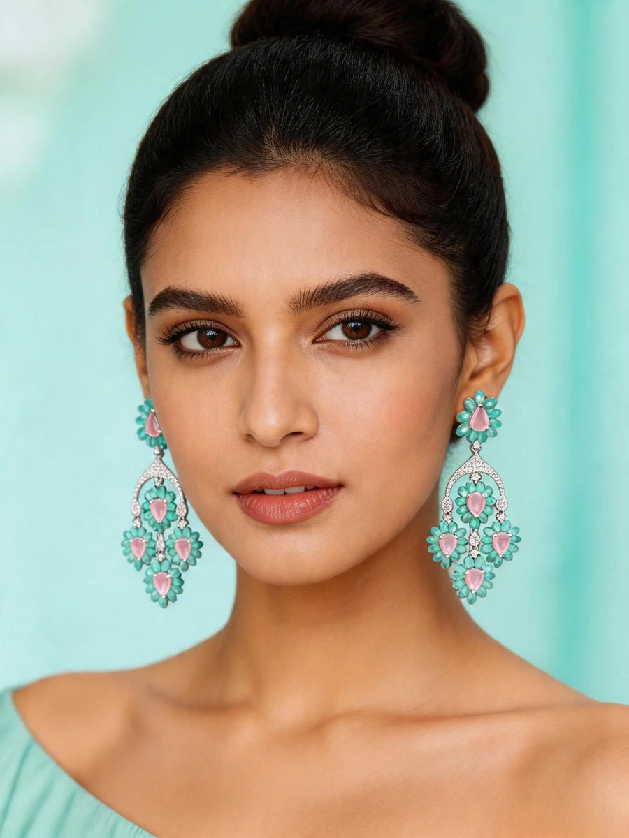 Blue and Pink Floral Cluster American Diamond Drop Earrings