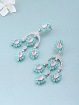 Blue and Pink Floral Cluster American Diamond Drop Earrings