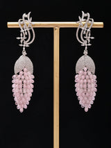 Pink Zircon Ear Cuff Chandelier Earrings with Beaded Tassels