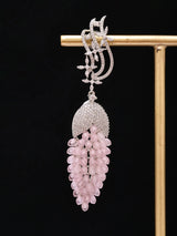 Pink Zircon Ear Cuff Chandelier Earrings with Beaded Tassels