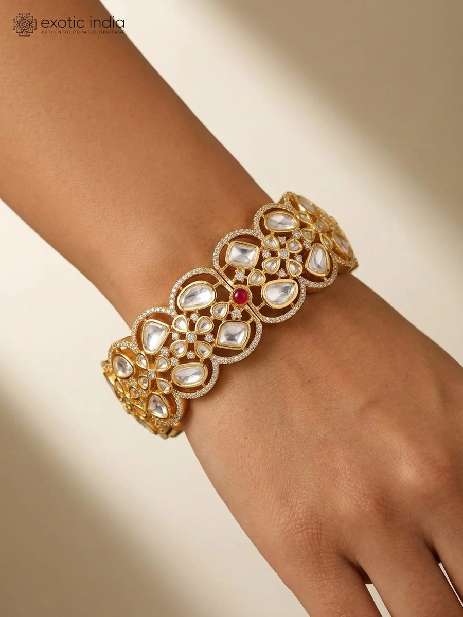 Polki Studded Openable Brass Bangle in Golden Rose Gold