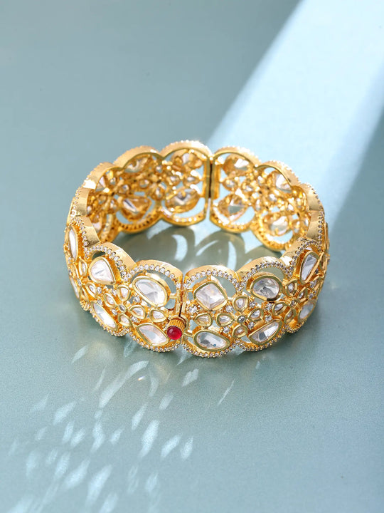 Polki Studded Openable Brass Bangle in Golden Rose Gold