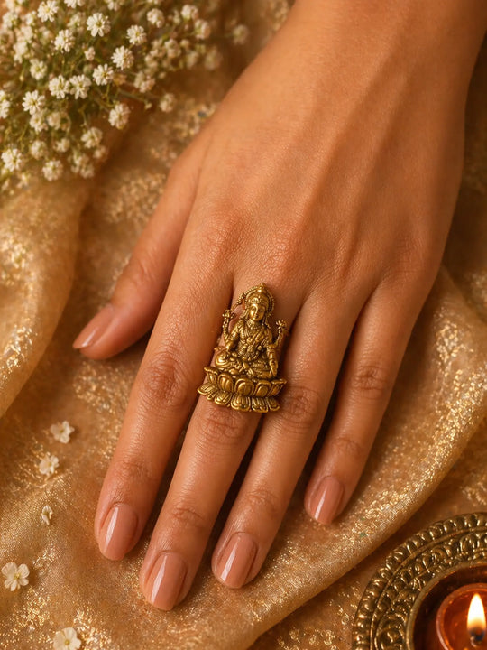 Seated Goddess Lakshmi Temple Sterling Silver Adjustable Ring