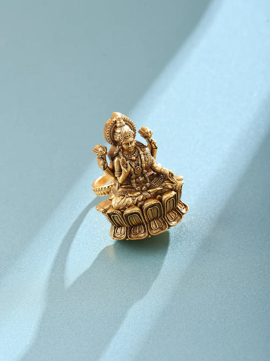 Seated Goddess Lakshmi Temple Sterling Silver Adjustable Ring