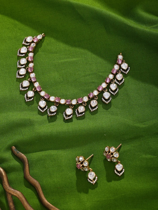 Pink and White Stone Sterling Silver Choker and Earrings Set