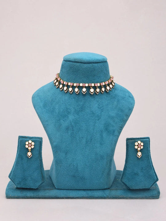 Pink and White Stone Sterling Silver Choker and Earrings Set