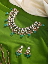 Kundan Sterling Silver Necklace Set with Green Beads and Pearl Drop