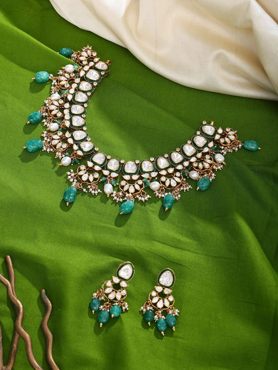 Kundan Sterling Silver Necklace Set with Green Beads and Pearl Drop