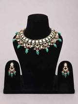 Kundan Sterling Silver Necklace Set with Green Beads and Pearl Drop