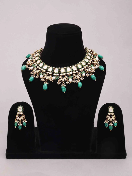 Kundan Sterling Silver Necklace Set with Green Beads and Pearl Drop
