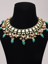 Kundan Sterling Silver Necklace Set with Green Beads and Pearl Drop