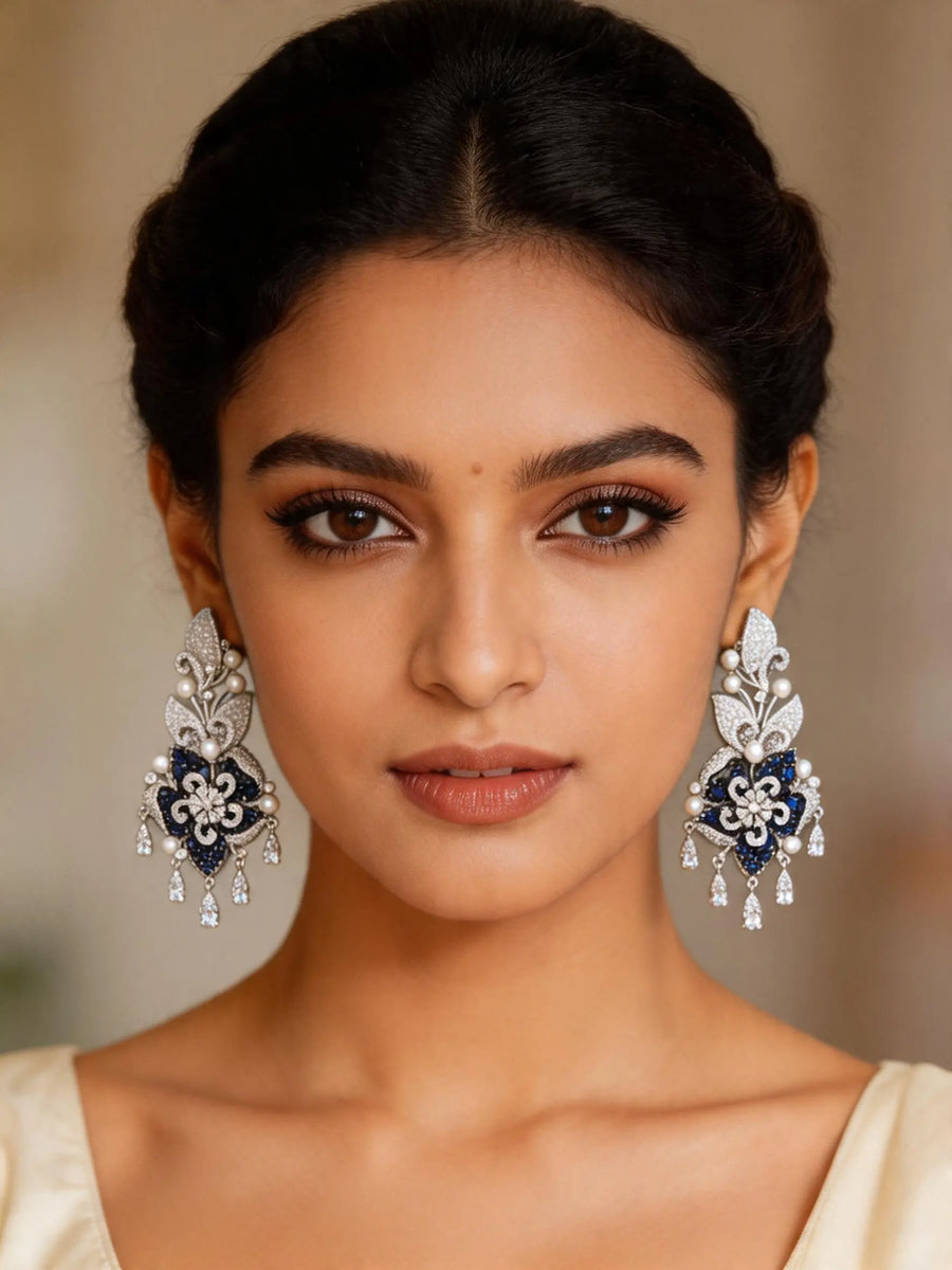 Floral Cubic Zirconia Earrings with Coloured Stone Drops