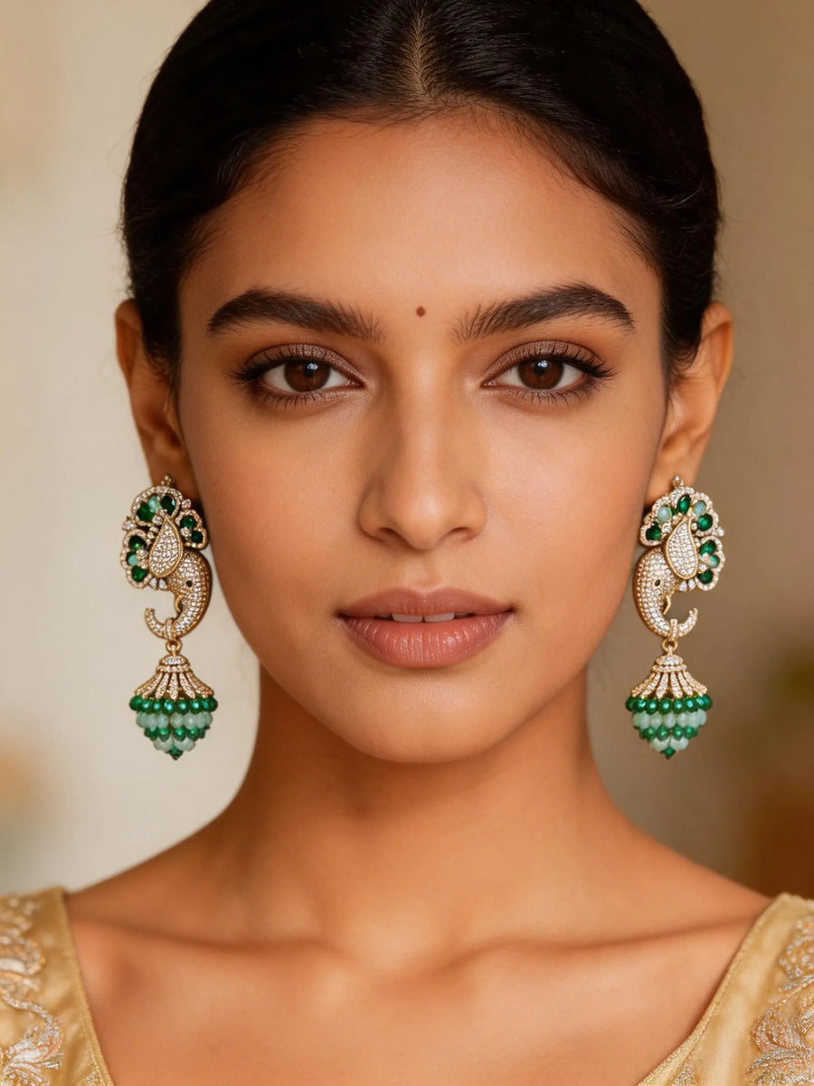 Floral Elephant American Diamond Brass Earrings in Mint
