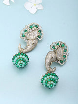 Floral Elephant American Diamond Brass Earrings in Mint