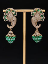 Floral Elephant American Diamond Brass Earrings in Mint