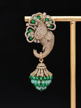 Floral Elephant American Diamond Brass Earrings in Mint