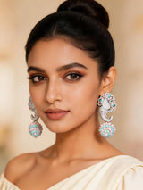 Floral Elephant American Diamond Brass Earrings in Mint