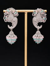 Floral Elephant American Diamond Brass Earrings in Mint