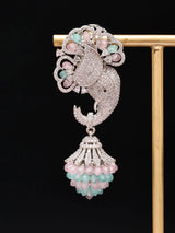 Floral Elephant American Diamond Brass Earrings in Mint