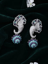 Floral Elephant American Diamond Brass Earrings in Mint