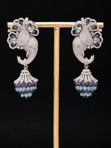 Floral Elephant American Diamond Brass Earrings in Mint