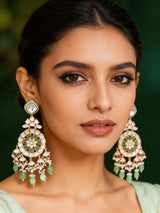 Floral Polki and Green Bead Drop Earrings in Brass