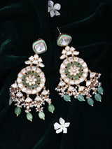 Floral Polki and Green Bead Drop Earrings in Brass