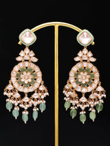 Floral Polki and Green Bead Drop Earrings in Brass