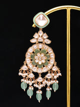 Floral Polki and Green Bead Drop Earrings in Brass